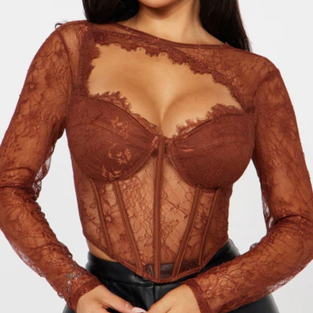 Fashion Nova Lingering Feelings Brown Lace Corset Top